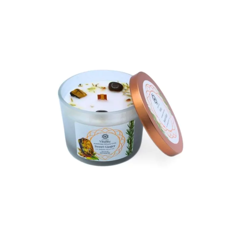 Dišeča sveča z rožmarinom, ingverjem in kristali  - VITALNOST