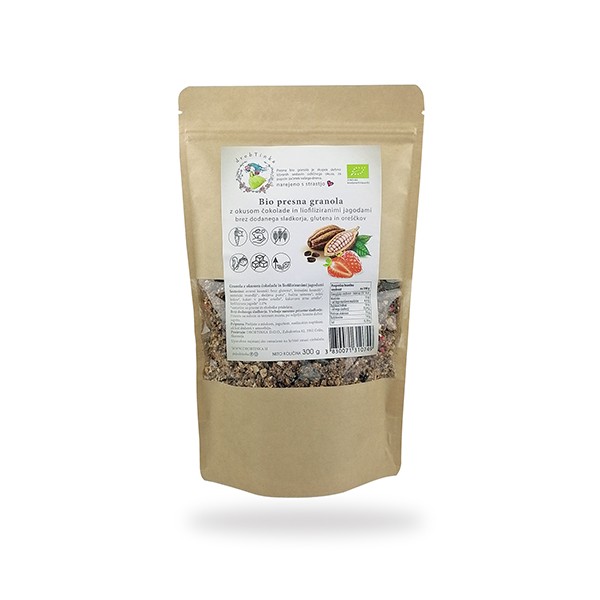 Bio hrustljava granola z okusom čokolade in liofiliziranimi jagodami 300 g drobtinka