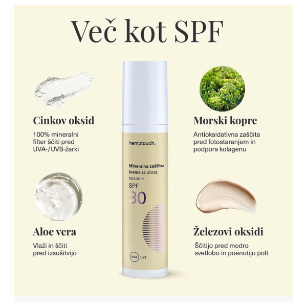 Mineralna zaščitna krema za obraz spf 30 tonirana 50 ml Hemptouch