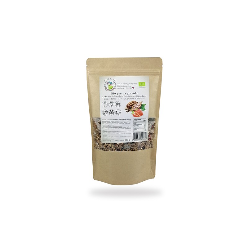 Bio hrustljava granola z okusom čokolade in liofiliziranimi jagodami 300 g drobtinka