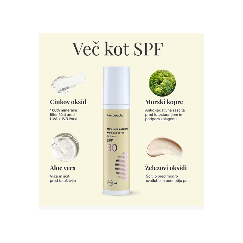 Mineralna zaščitna krema za obraz spf 30 tonirana 50 ml Hemptouch