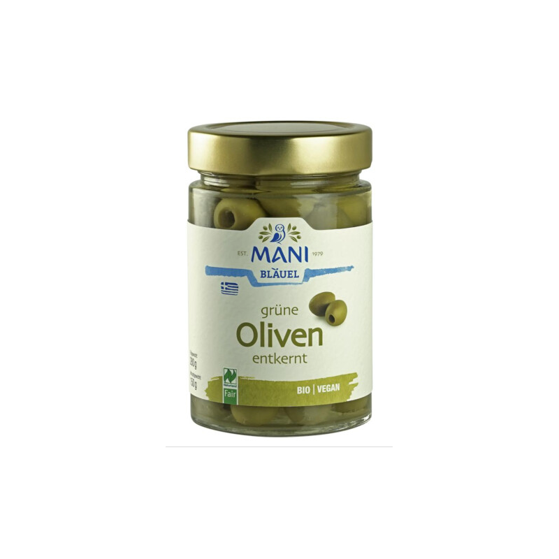 Bio izkoščičene zelene olive v slanici 280 g, MANI